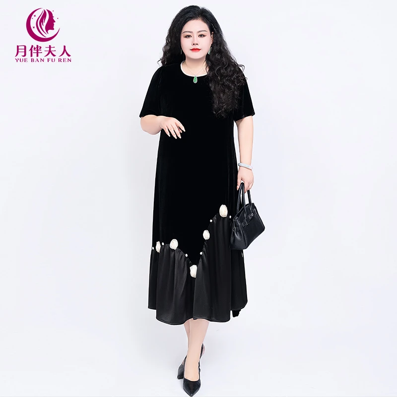 月伴夫人 2025夏新款大码法式赫本风丝绒立体花朵气质连衣裙5166