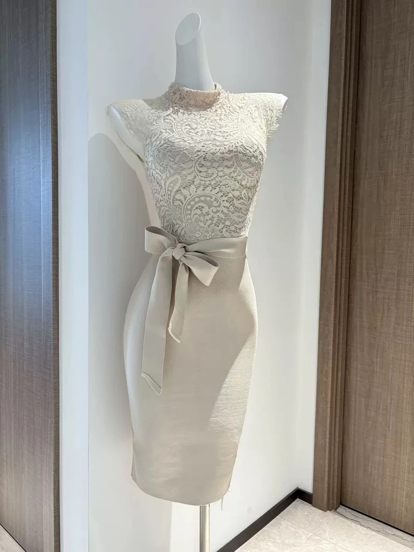 新款韩版ol气质无袖蕾丝裙连衣裙绷带裙轻奢时尚名媛修身显瘦拼接