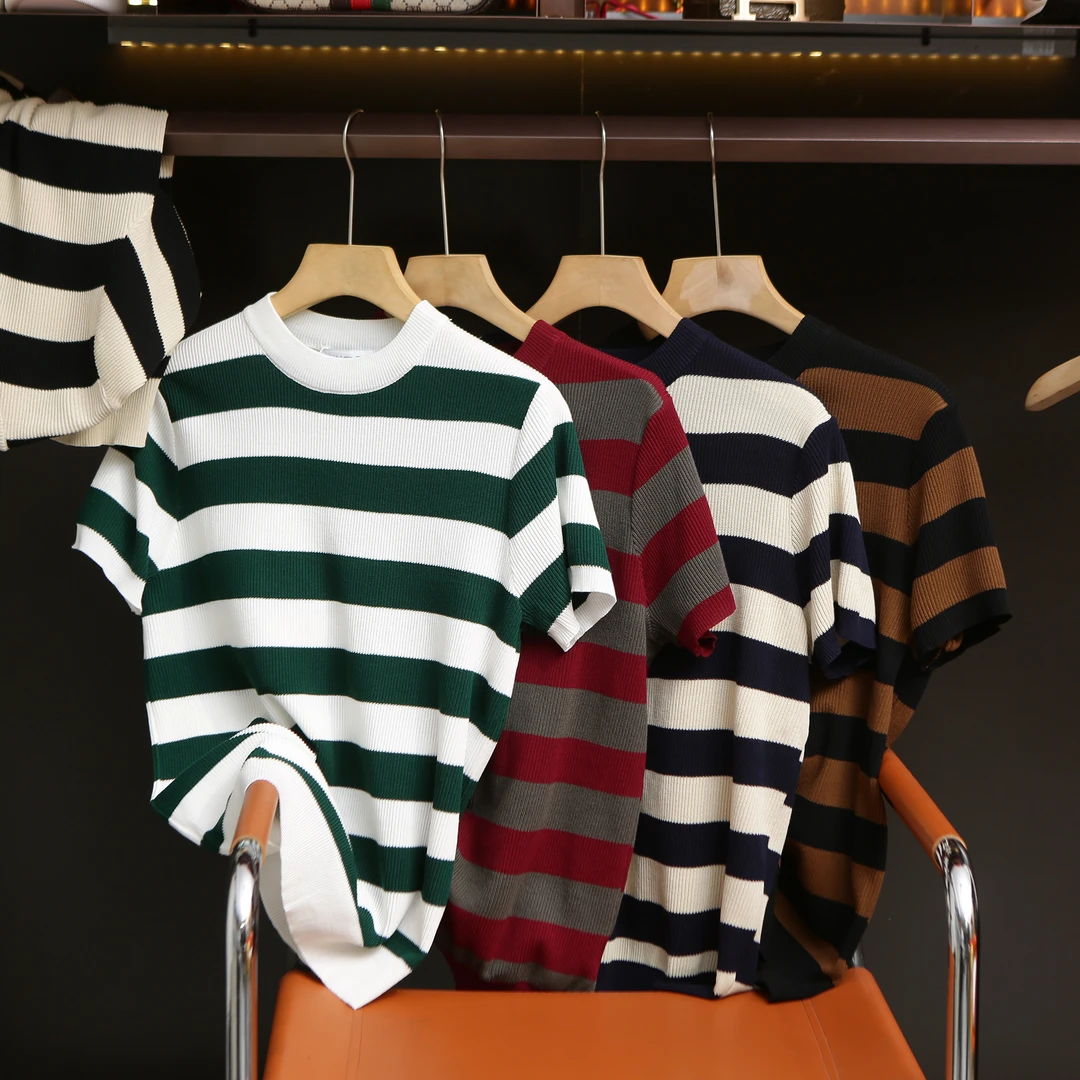 学院风！男女同款夏季情侣款舒适通勤百搭圆领条纹针织衫短袖