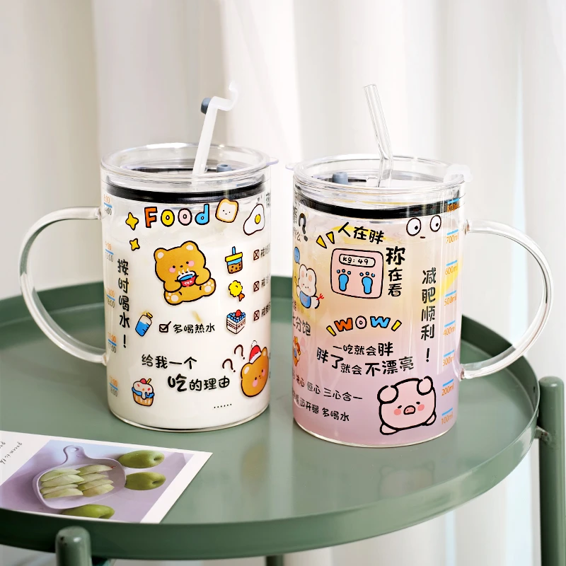 1000ml大容量玻璃杯耐高温水杯女学生上班族吸管杯带盖子把手刻度