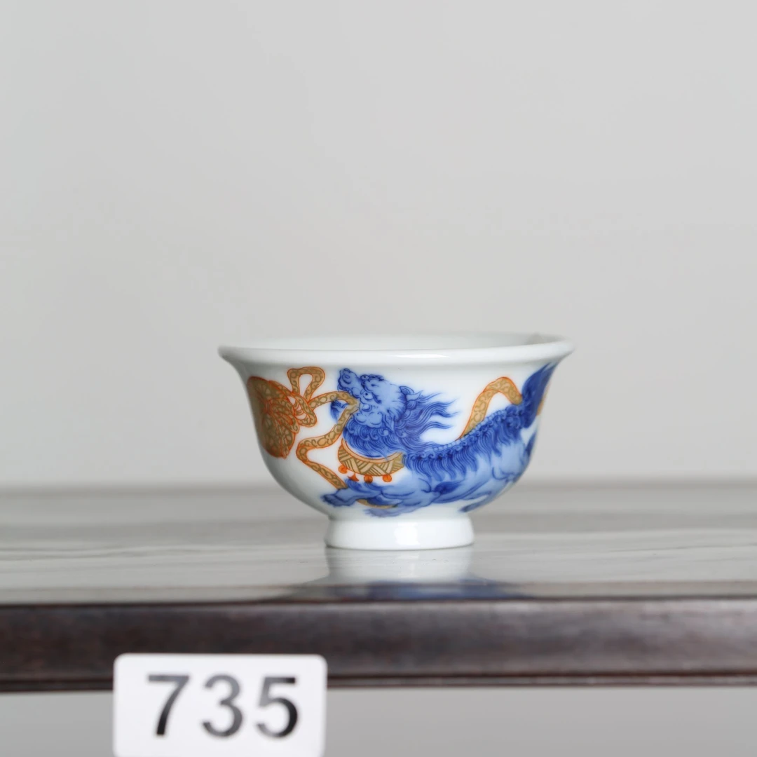 WJD#76双狮戏球压手杯 高端手作瓷器