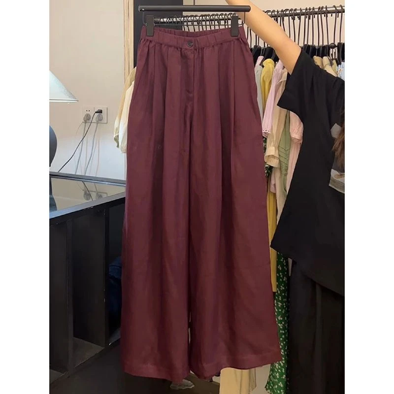巨推荐！酒红色高级感舒适透气阔腿裤2025日系慵懒轻奢压褶直筒裤