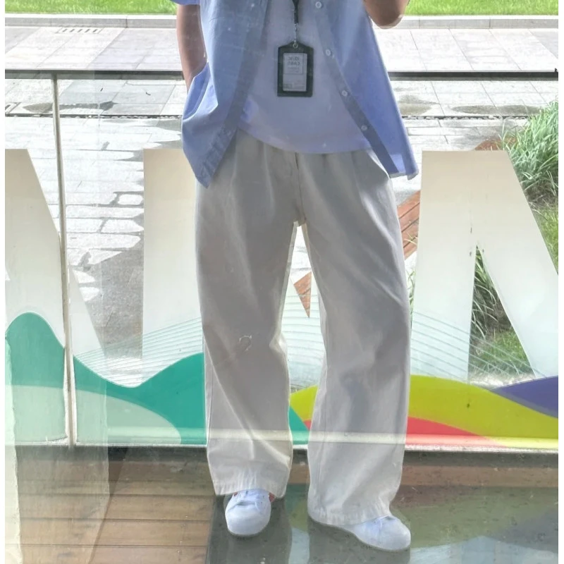 纯棉米白色直筒裤子男款秋季oversize垂感休闲裤日系复古工装裤