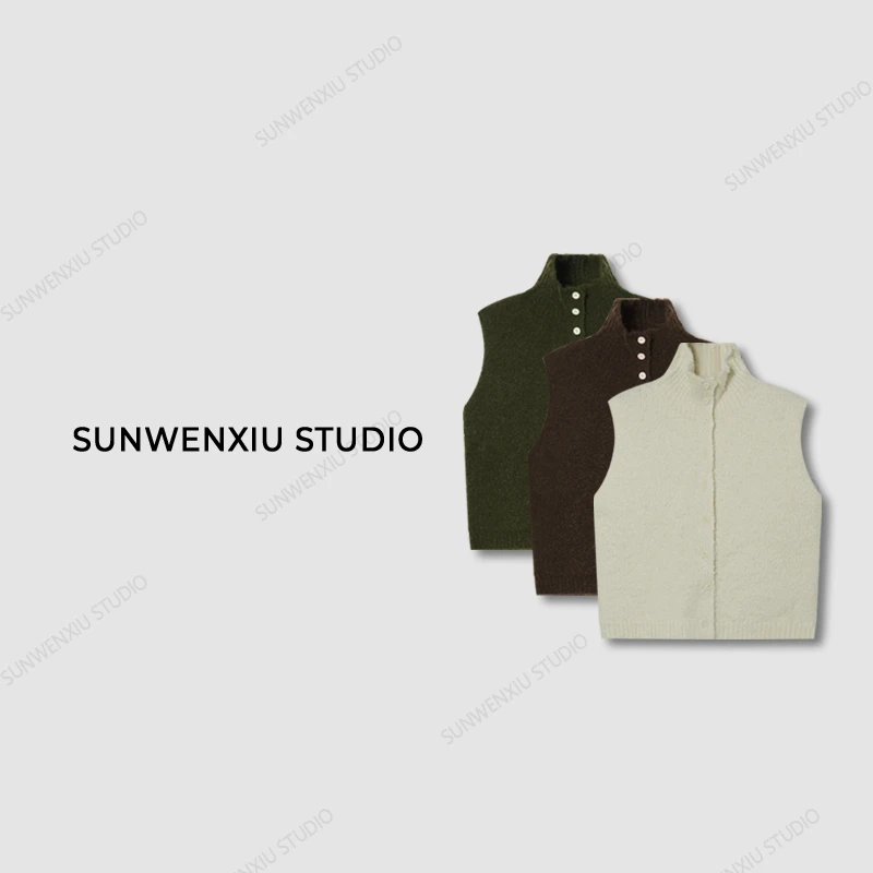 swx studio3店 “滤镜马甲”韩代款羊毛混纺秋冬复古高领毛衣马甲