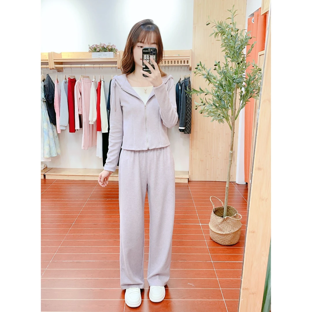 来米家 秋季新款时尚休闲减龄时尚紫色连帽上下两件套装