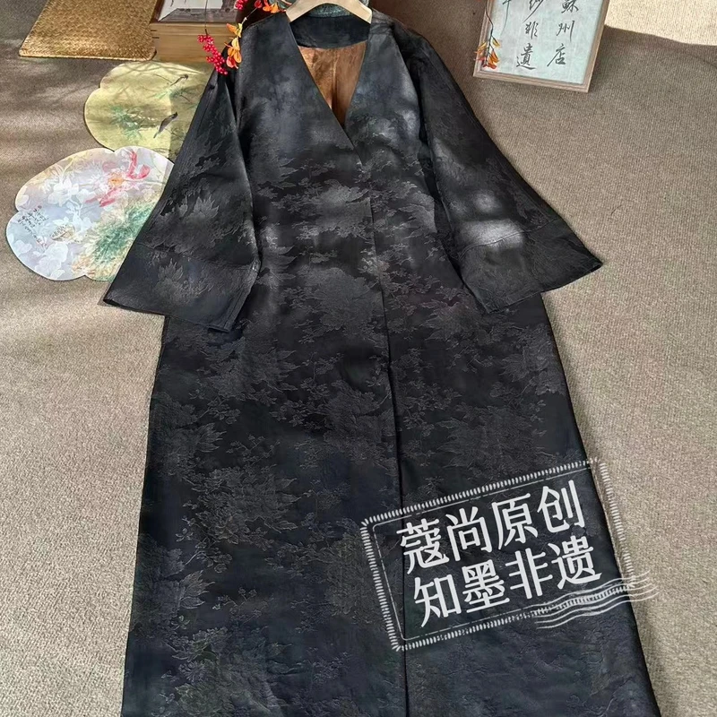 秋季新款新中式国风宽松显瘦香云老料织花V领风衣外套
