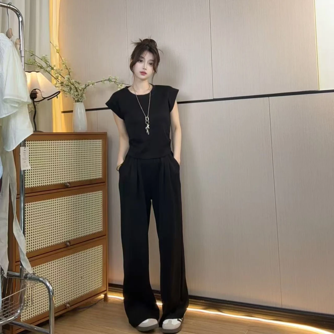 小个子定制套装两件套黑色女装垂感设计感休闲百搭高腰窄版直筒裤