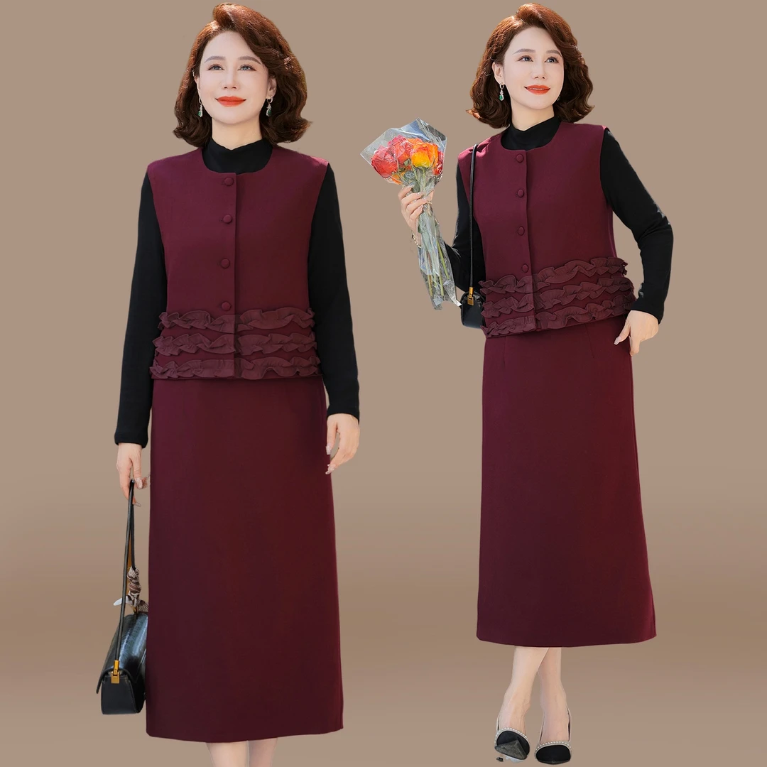 妈妈秋装套装喜婆婆婚宴礼服连衣裙中老年女装春秋三件套结婚裙子