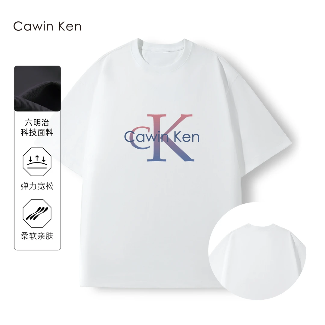 CawinKen纯棉情侣夏季男短袖异形印花短袖T恤ins美式圆领运动印花