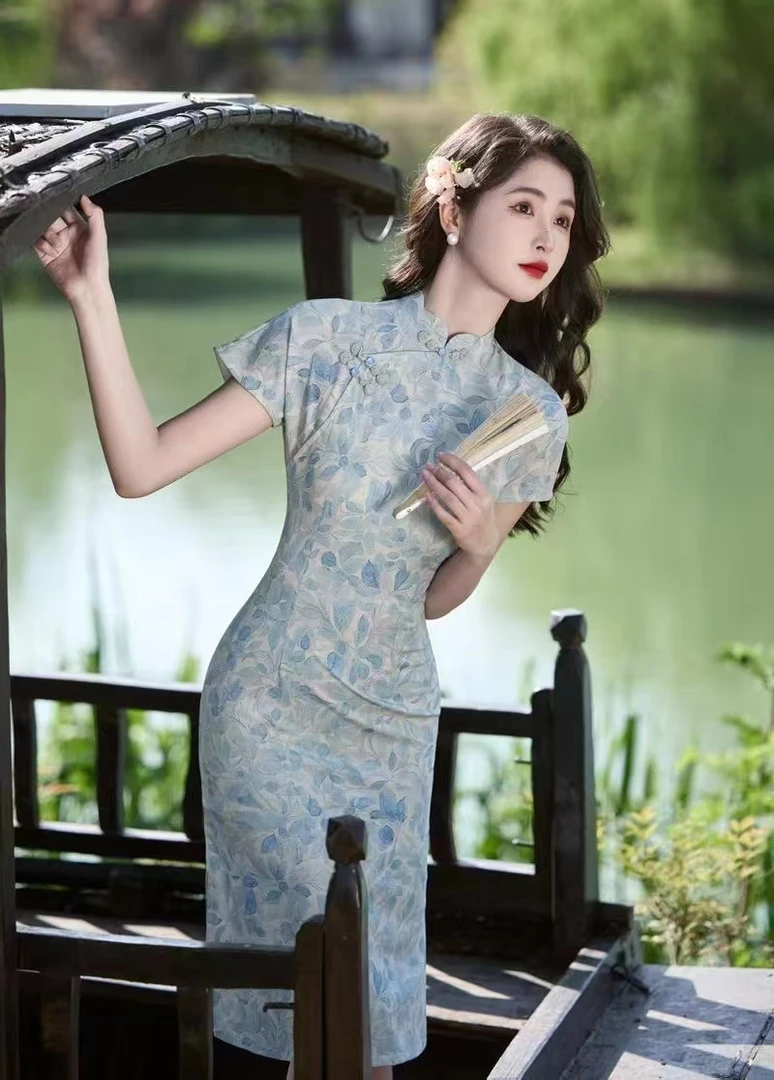 伊人-2025夏季新款显瘦气质日常小个子优雅旗袍裙中国风蓝色