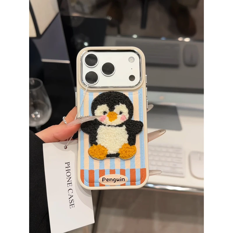 蓝色条纹企鹅适用苹果17pro手机壳16PM电镀皮纹华为p70防摔小米15