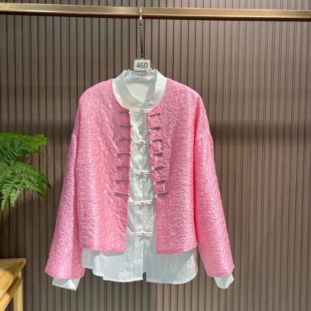 粉糖密语 新中式国风春夏新款桑蚕丝泡泡浮雕短款薄外套