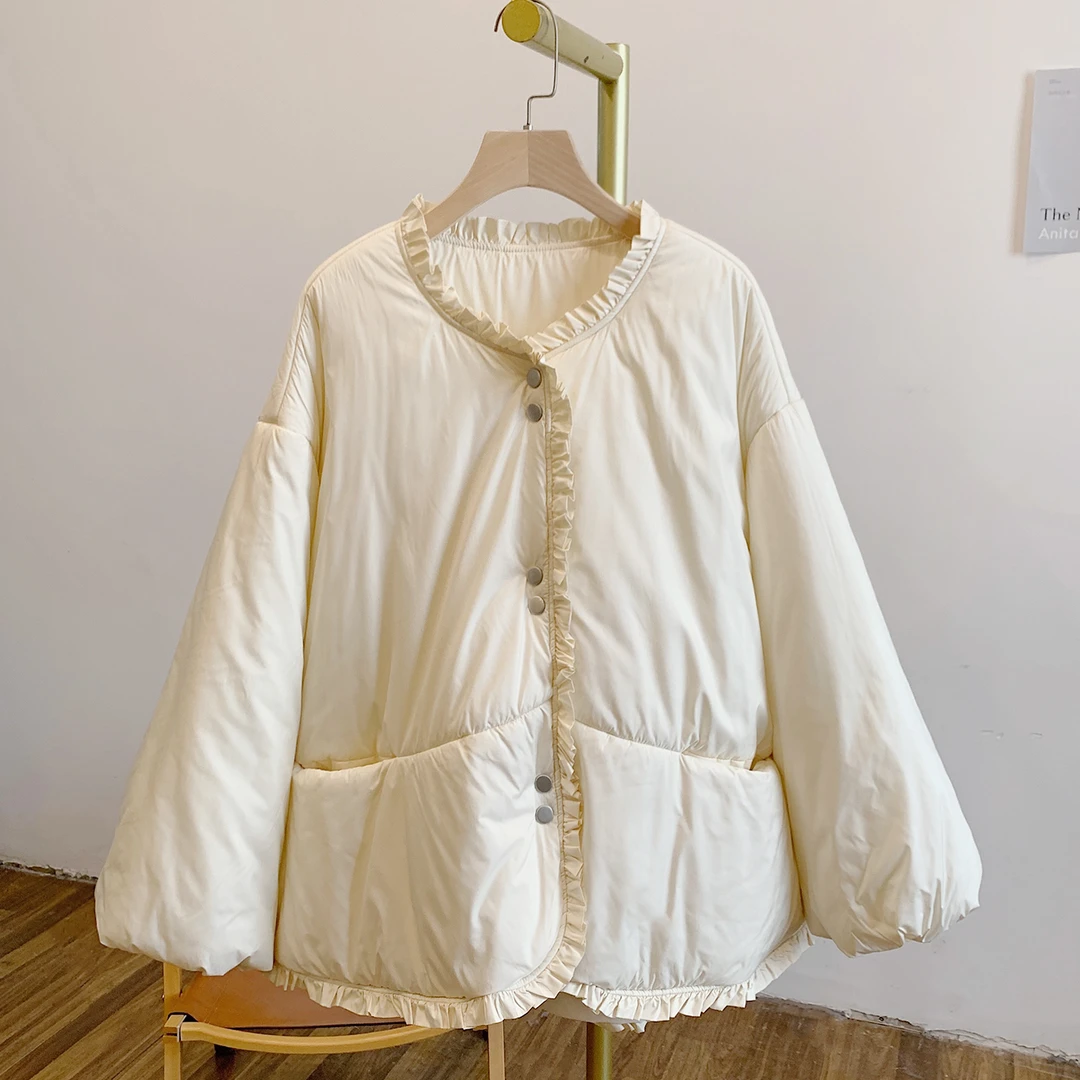 椰子曲奇Y4078夹棉下摆抽绳木耳边圆领棉衣