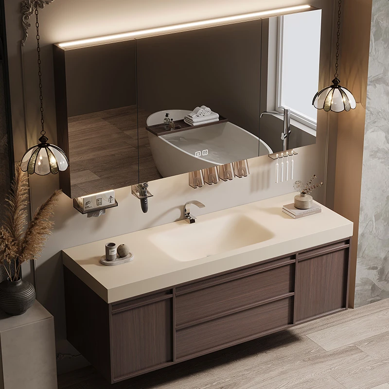 中古风胡桃木色骨骼线浴室柜岩板热弯一体盆法式中式复古洗手台柜