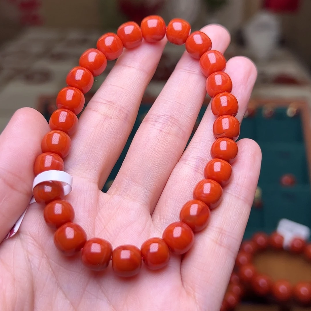 南红玛瑙未镶嵌手串瓦西满色满肉辣椒红8mm+老型 特级