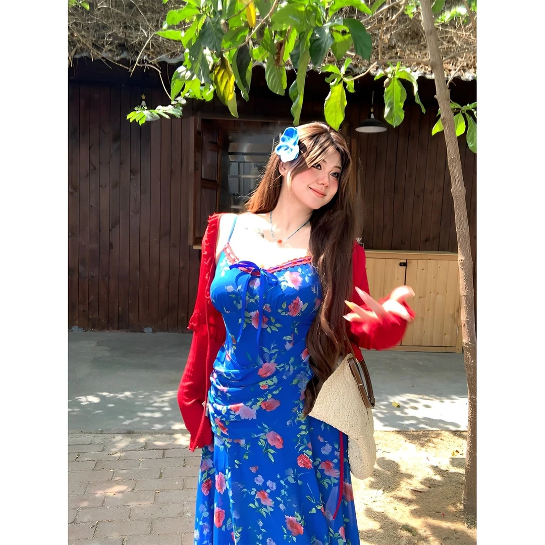 大码女装印花领吊带连衣裙女夏季甜美气质收腰显瘦碎花吊带裙子