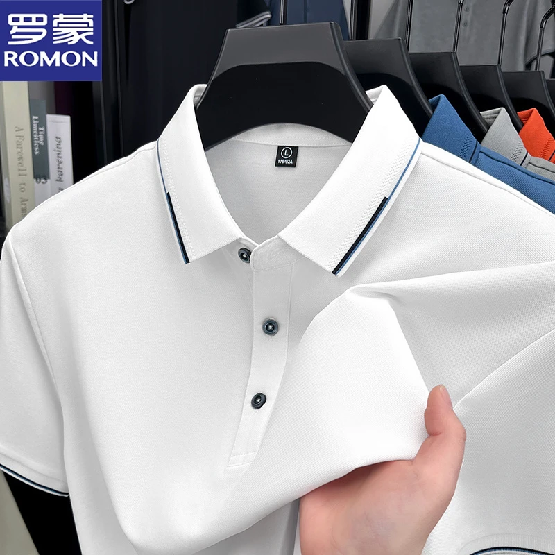罗蒙含桑蚕丝短袖Polo衫男士夏季薄款白色翻领上衣休闲半袖t恤男T