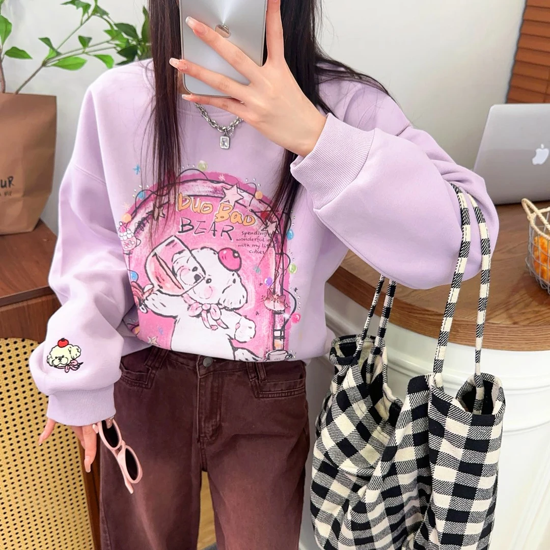 猫鼠熊精选彩灯小狗印花圆领长袖T恤宽松可爱减龄山东即墨卫衣