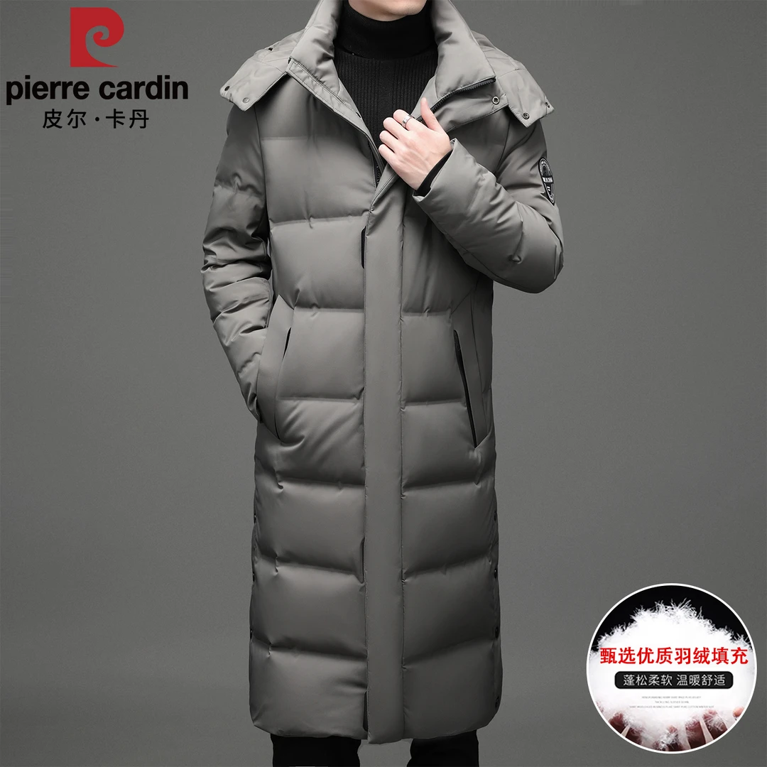 皮尔卡丹冬季新款男士羽绒服长款时尚休闲连帽防寒服外套过膝大衣