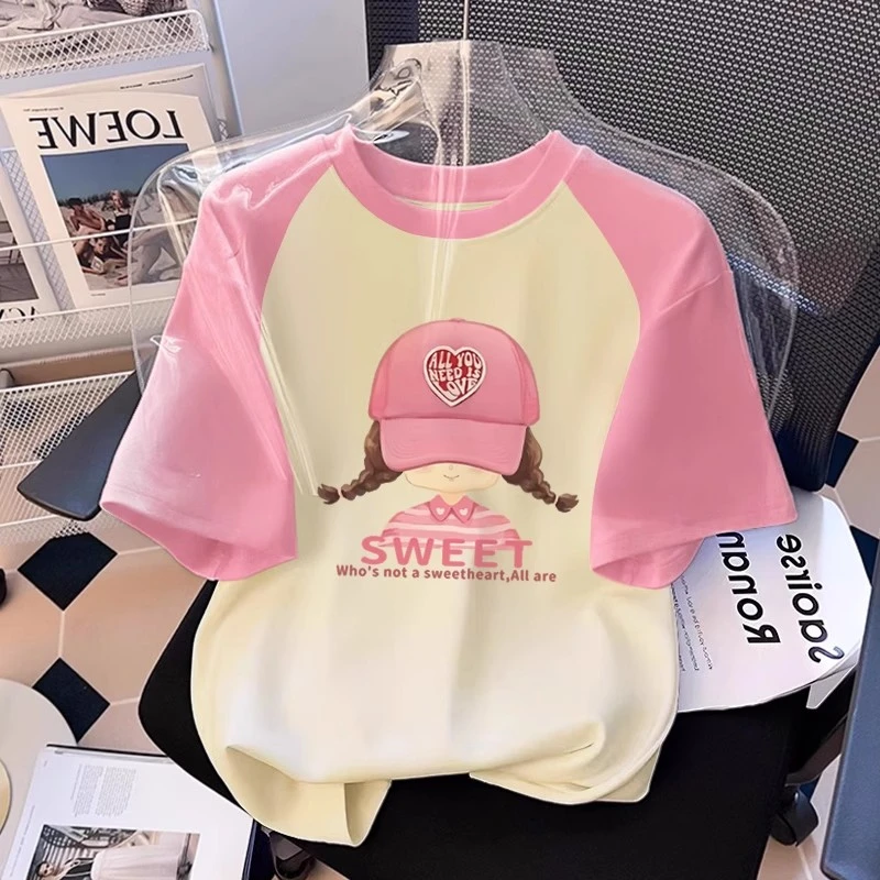 童装女宽松纯棉短袖T恤2025夏季新款插肩袖体恤儿童洋气撞色上衣