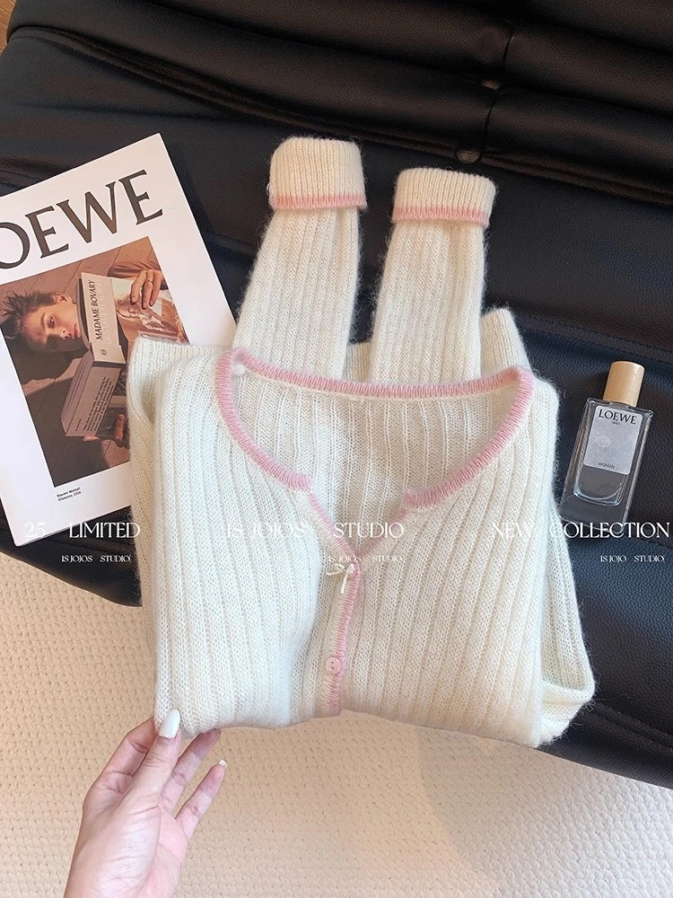 韩系温柔风撞色V领针织衫早秋女装2025新款法式软糯百搭开衫毛衣