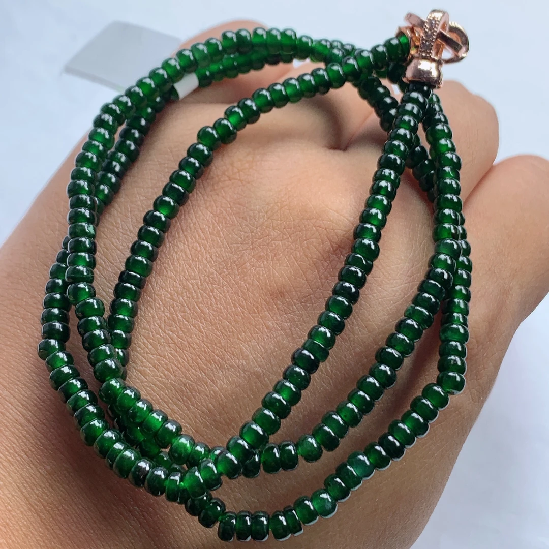 天然翡翠A货冰种满绿辣阳绿算盘珠子项链珠链卡3.9mm玉石冰透均匀