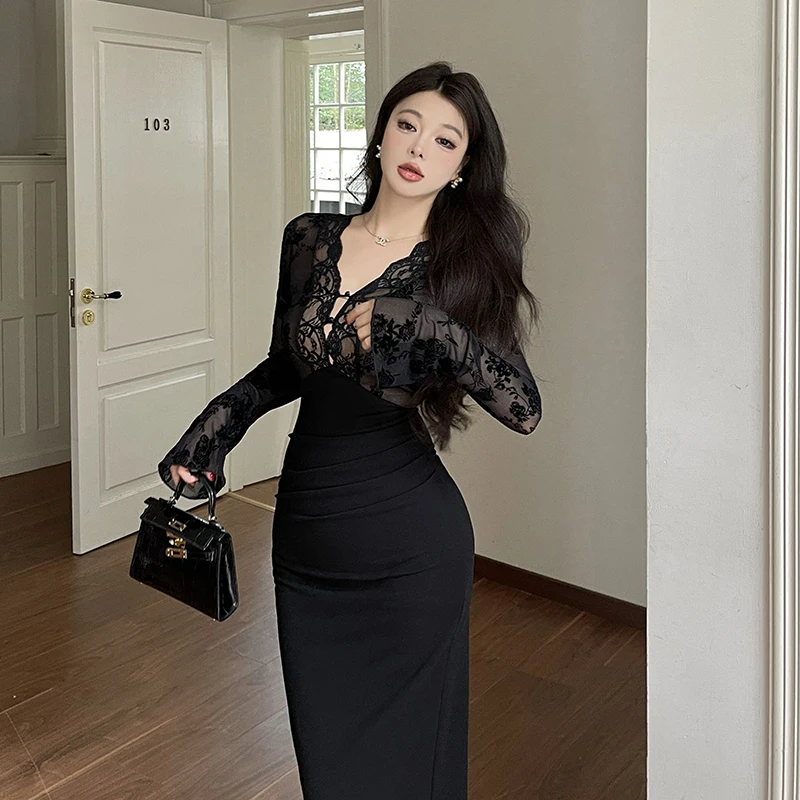 玫瑰植绒显瘦连衣裙高级感后妈裙2025新款女装轻奢高贵收腰长裙