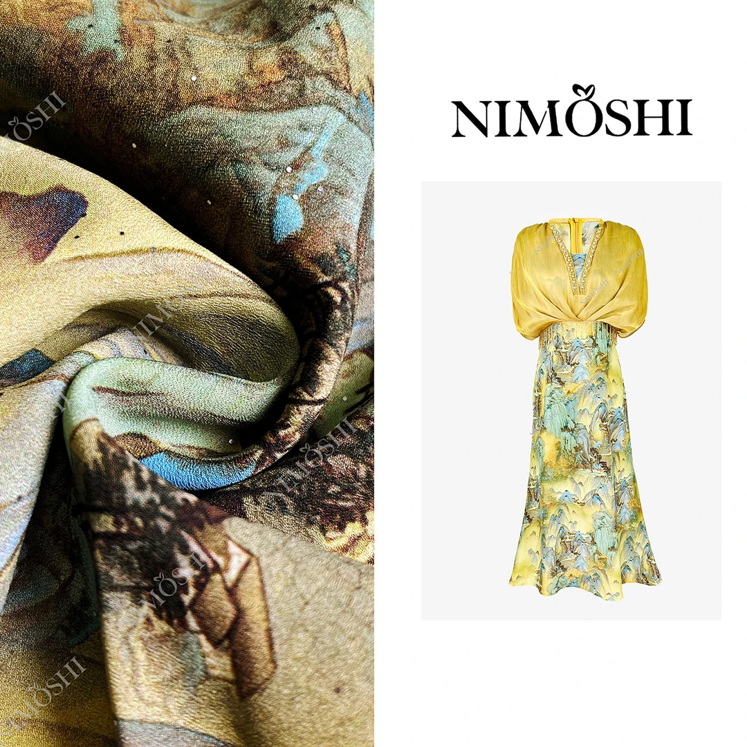 NIMOSHI【倩倩】清新黄色风景花卉印花高腰气质减龄显瘦连衣裙Q1986