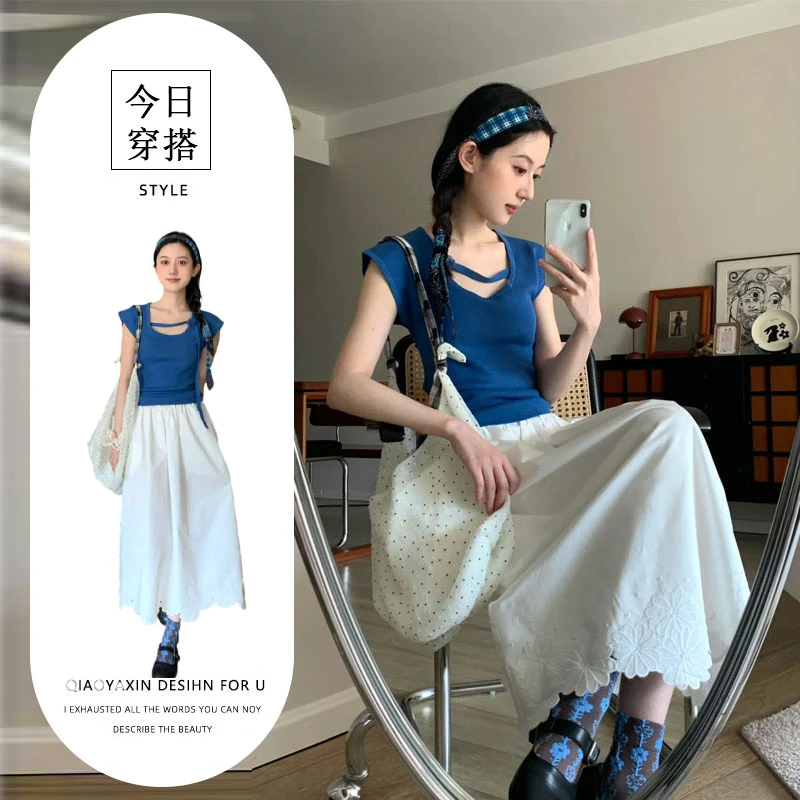 套装女2025韩系减龄显瘦花朵系带针织衫女蕾丝镂空拼接半身裙