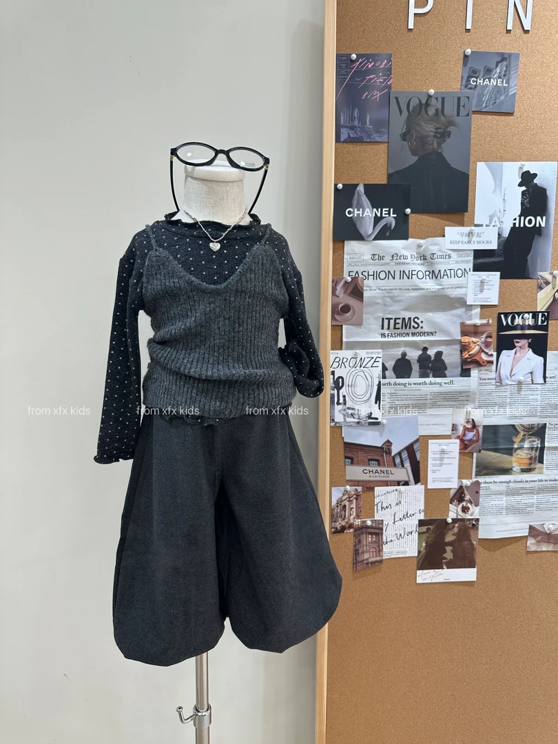 小粉象 ·女童2025秋季新款韩版波点百搭打底毛线吊带阔腿裤套装