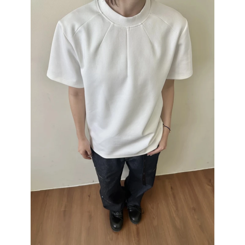 280g射线剪裁太空棉空气层短袖T恤抗皱硬挺短款短宽简约圆领纯色