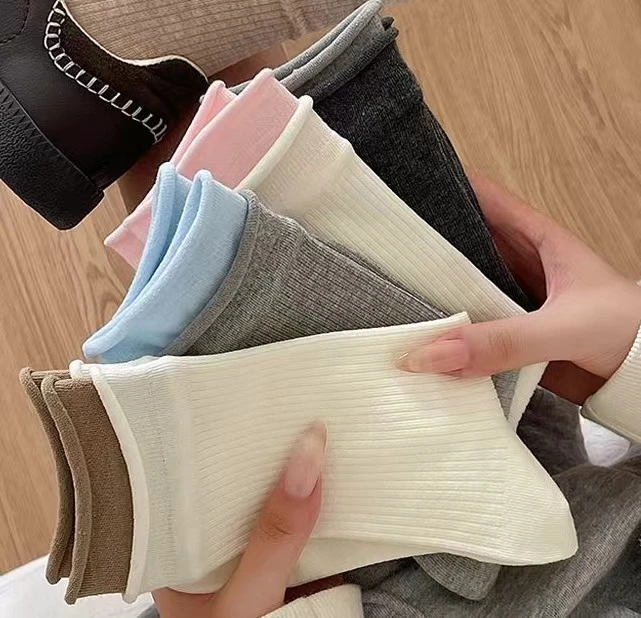 新款撞色双罗口卷边堆堆袜韩版潮流款外穿个性拼色中筒袜