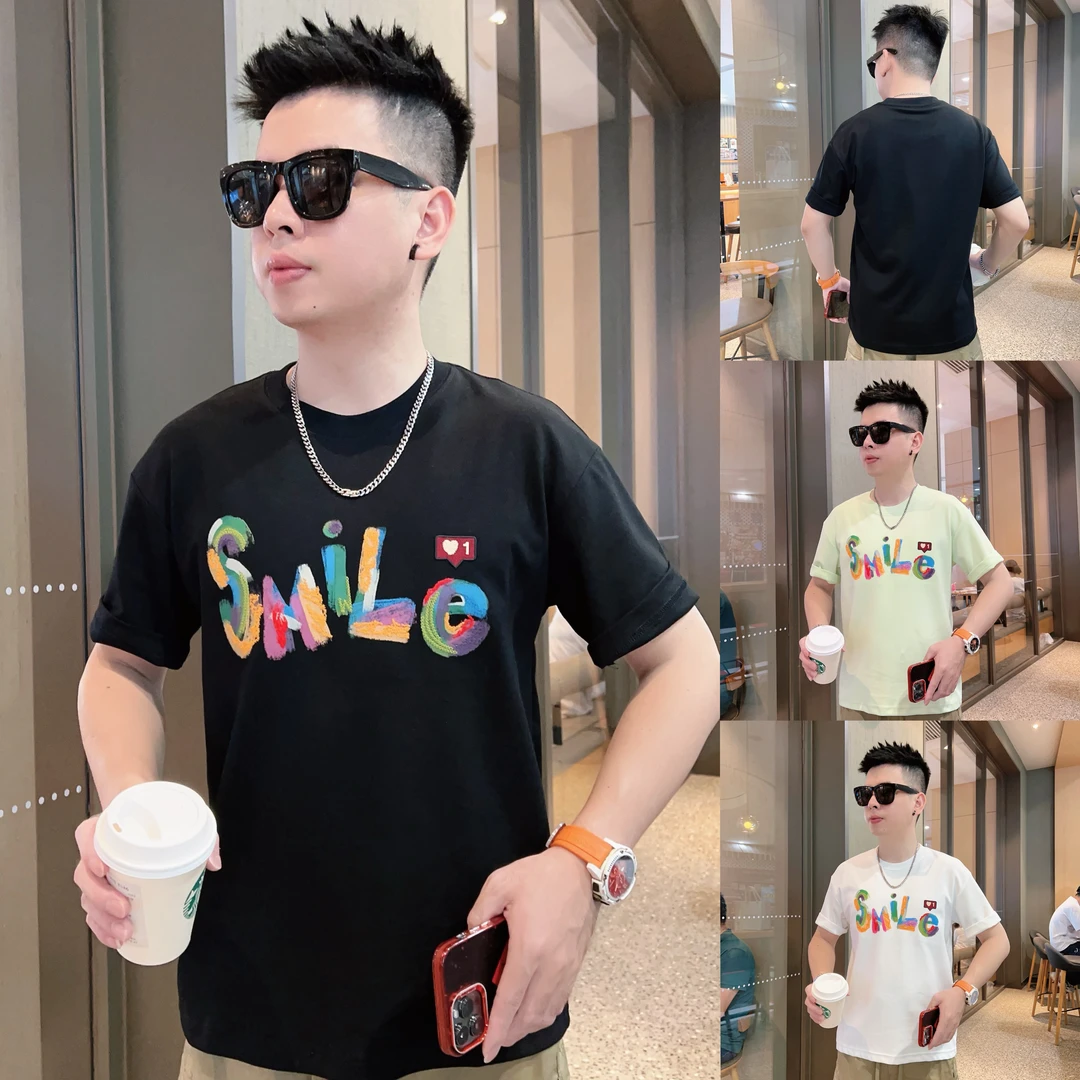 2025夏季新款时尚圆领潮牌男士彩色字母短袖T恤印花T打底衫上衣男