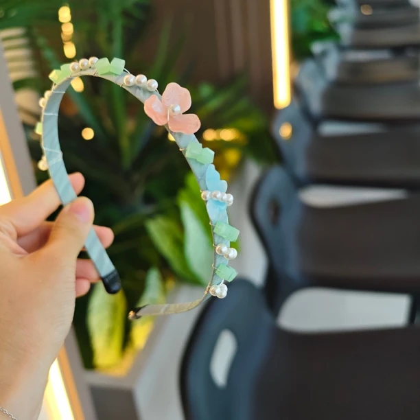9145青绿花朵发箍串珠发卡（手工微瑕介意勿拍）