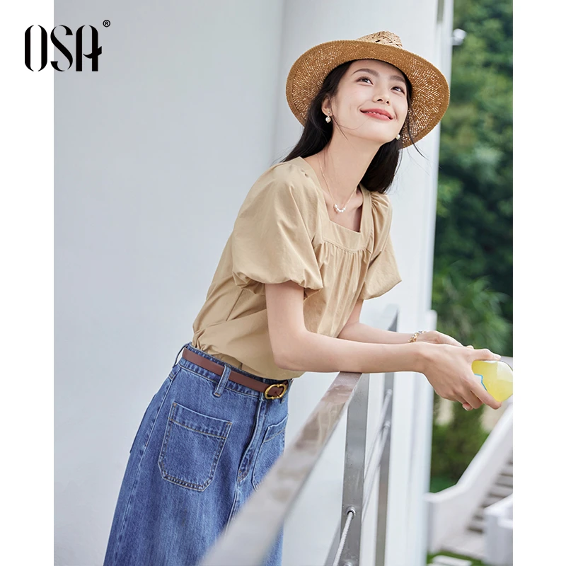 OSA/欧莎 复古方领衬衫上衣女遮肉显瘦泡泡袖雪纺小衫S125B17016