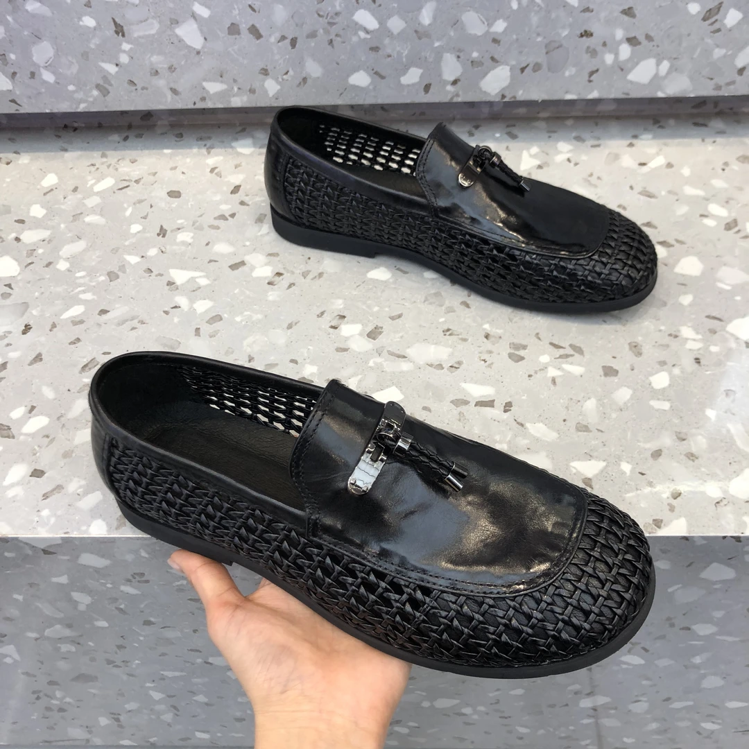 男士编织乐福鞋皮鞋豆豆鞋牛皮休闲时尚男款黑色软底豆豆鞋真皮