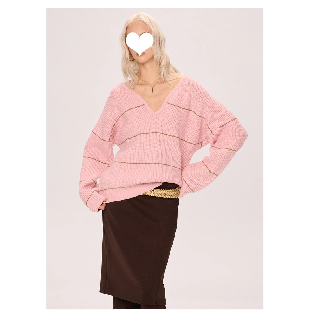 撞色条纹V领套头毛衣慵懒老钱风高级感上衣女秋冬季