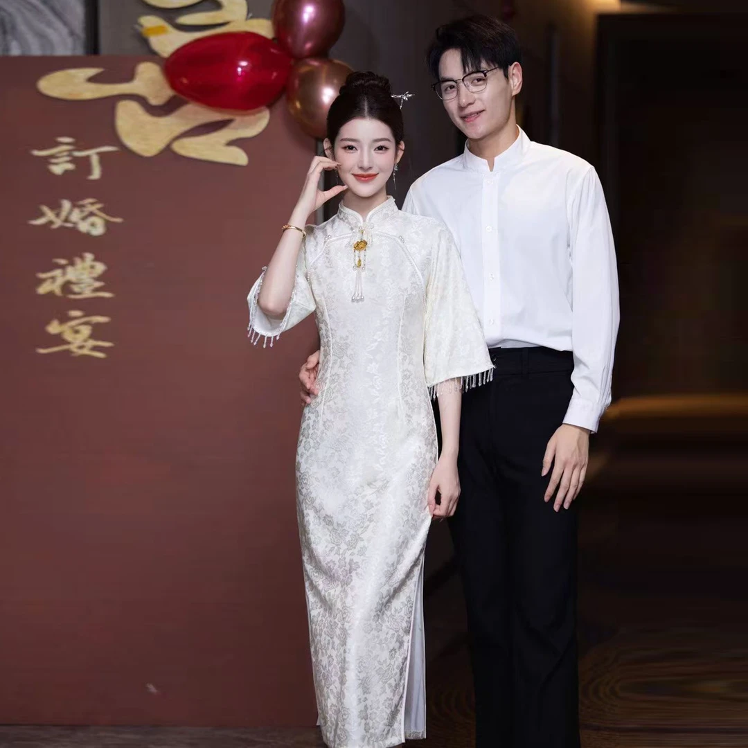 【喜缓】2025新款高级感长袖新娘订婚复古新中式旗袍优雅显瘦连衣裙