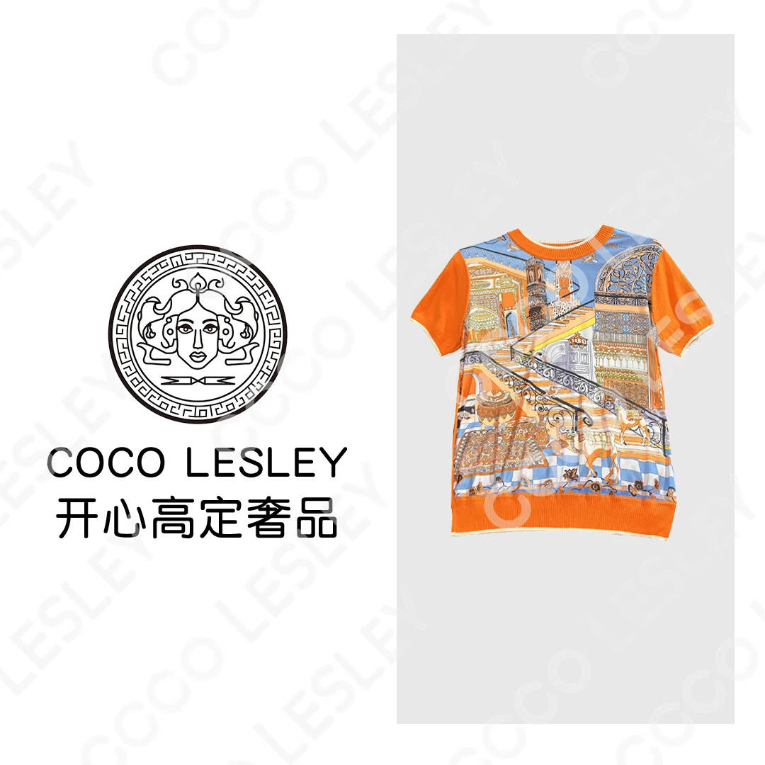 【COCO LESLEY】罗马庄园名媛轻奢桑蚕丝印花上衣拼接针织套头衫女