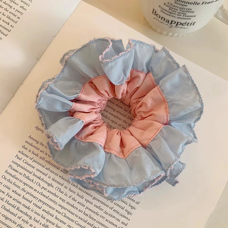 【重工蓝粉系~双层蕾丝大肠发圈头绳】韩系扎头发丸子头头饰头花