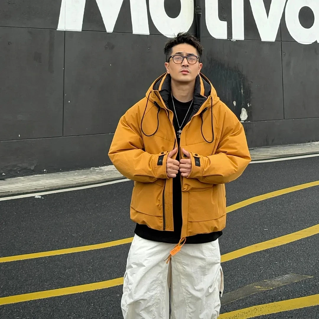 25ss秋冬季男装纯色连帽工装羽绒服百搭港风潮流加厚保暖羽绒外套