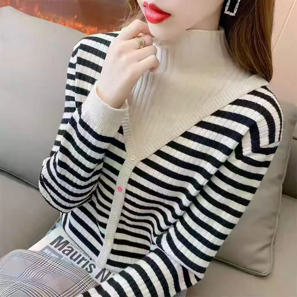 733.【米条纹假二件高级毛衣】高级感气质针织女毛衣