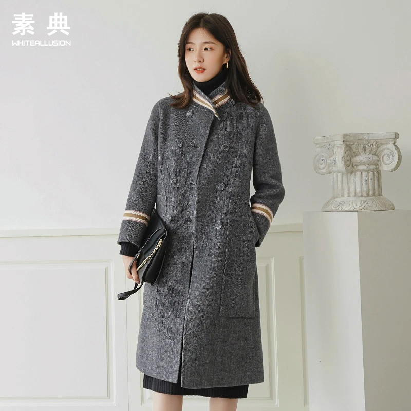 清仓【490】双面呢秋冬中长款赫本风复古人字纹羊毛呢外套