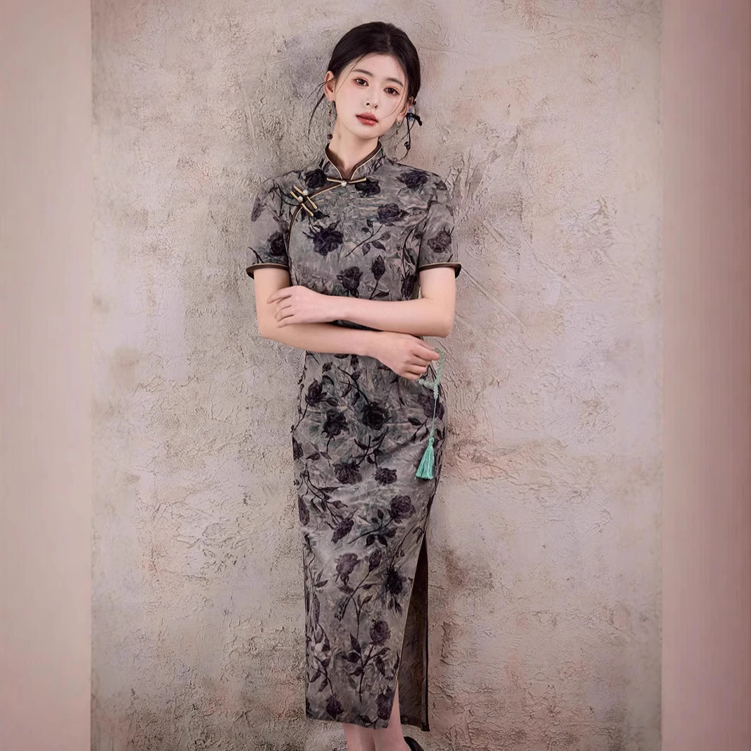 老上海长款旗袍夏季新款新中式优雅灰色气质短袖国风连衣裙气质夏