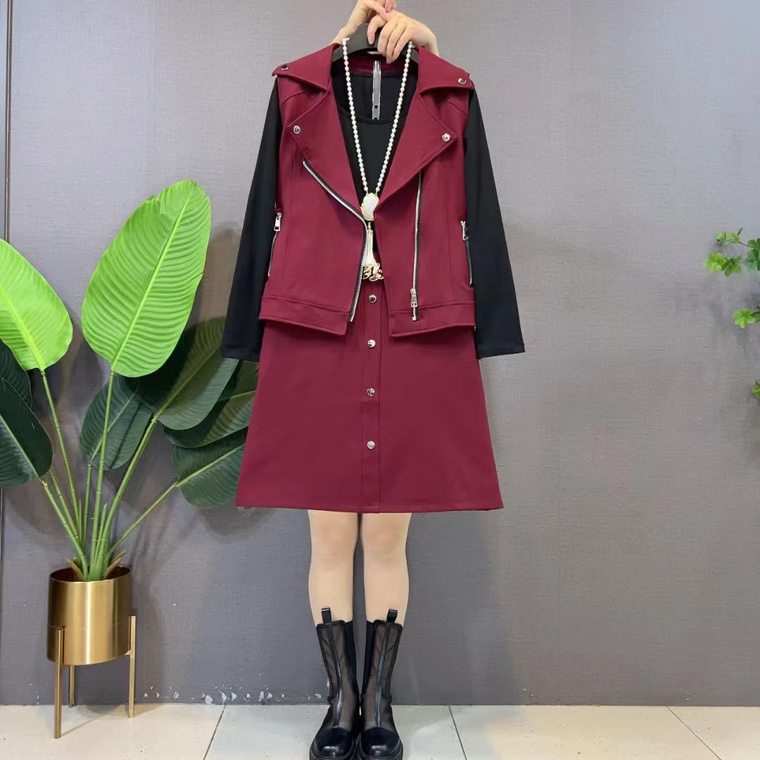 欧货新款胖妹妹大码女装遮肚显瘦西装马甲连衣裙时髦两件套装