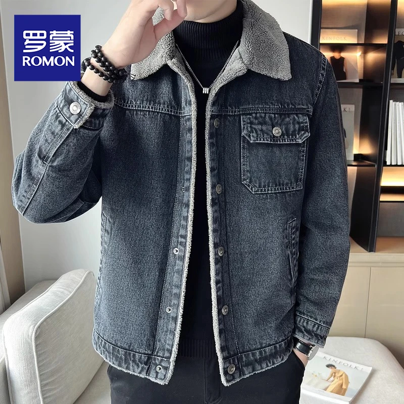 罗蒙2025秋冬季新款加绒加厚牛仔外套男士休闲翻领上衣服夹克男装