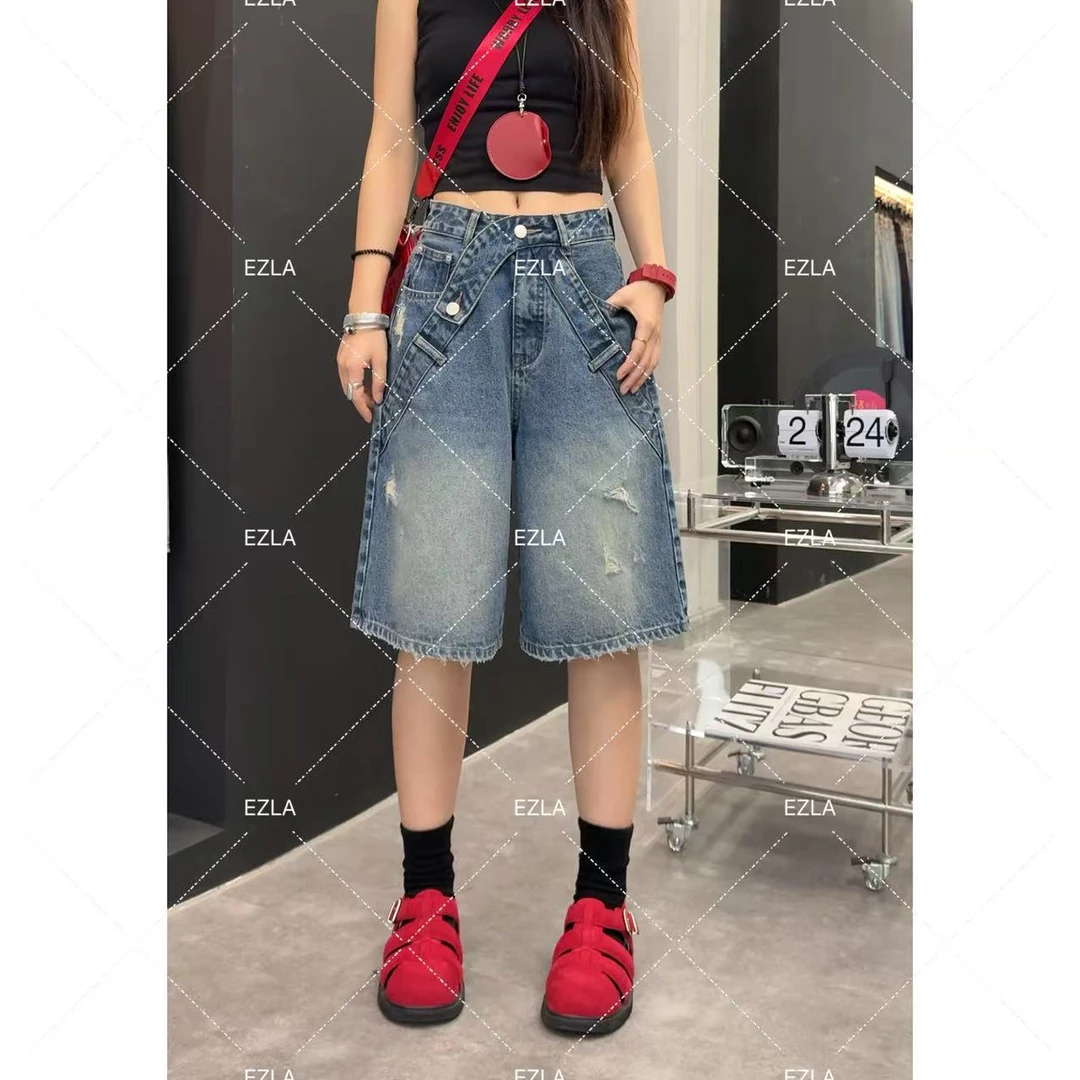 EZ9898 夏季新款A字收胯设计显瘦无弹水洗软牛仔六分裤休闲百搭