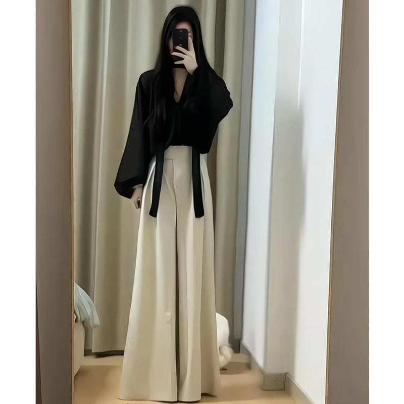 早秋季女装法式设计感宽松飘带V领衬衫气质高腰显瘦阔腿长裤套装