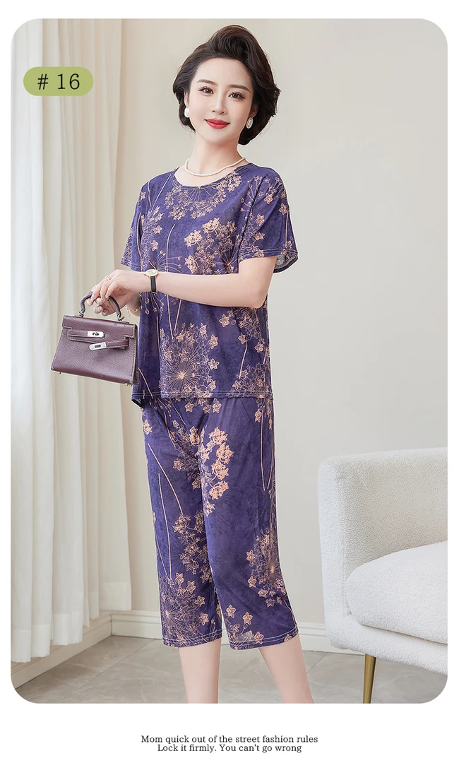 1夏季妈妈装薄款短袖七分裤洋气套装气质碎花时尚休闲宽松