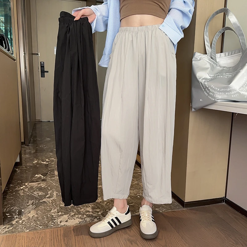 棉绸阔腿裤女春夏薄款休闲时尚褶皱大码洋气高腰宽松慵懒人造棉裤
